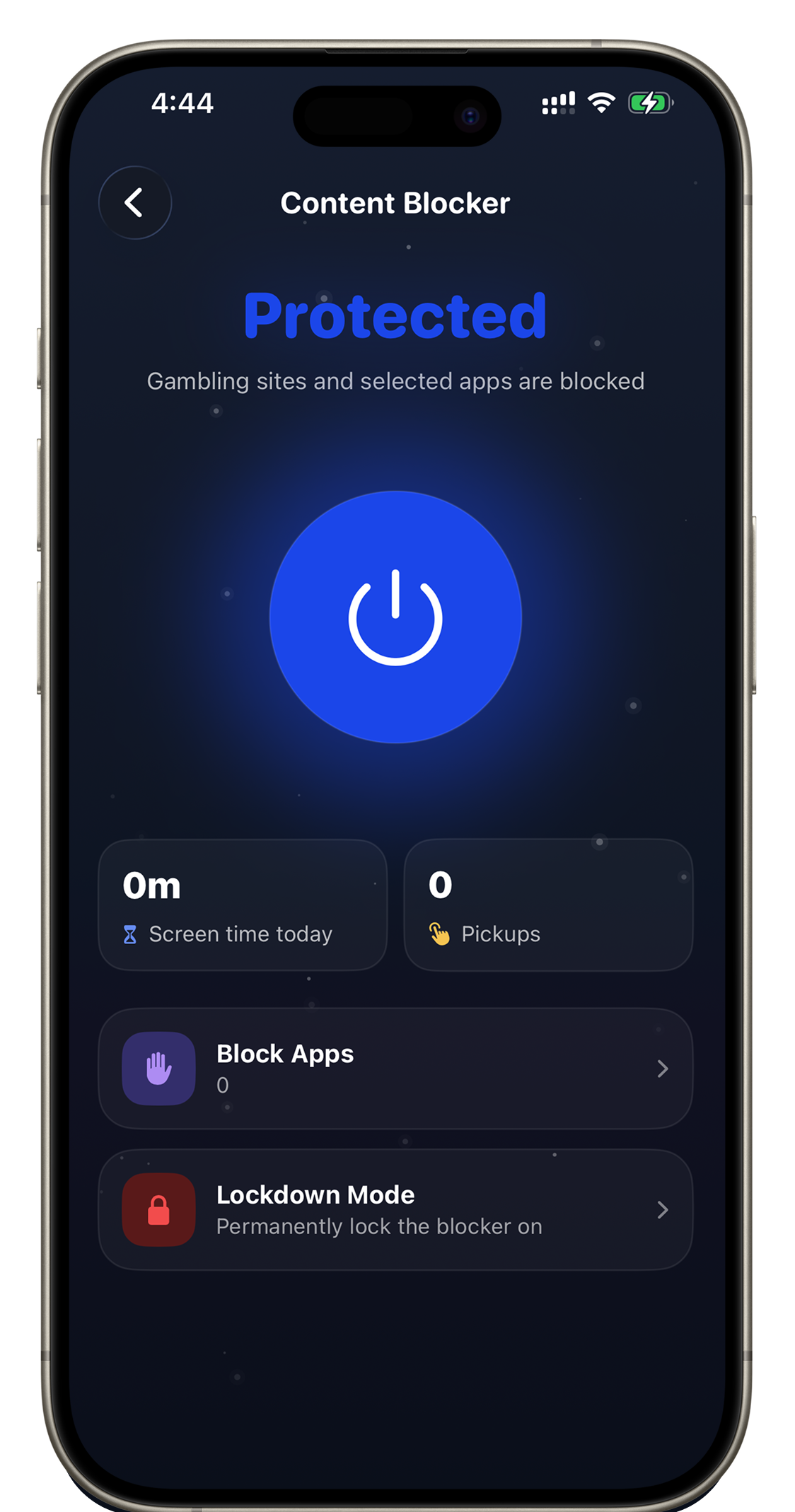 NEVRR Content Blocker screen with gambling protection active